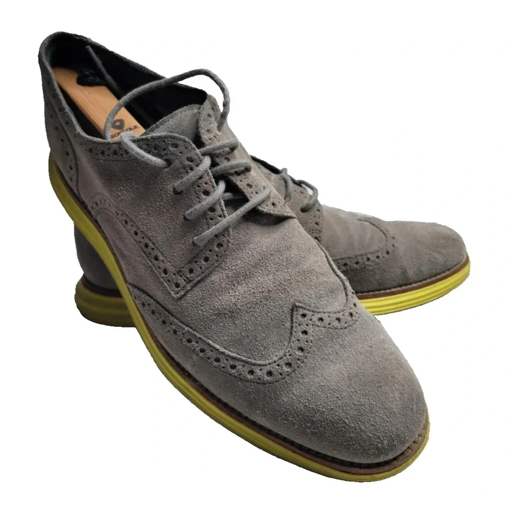 Cole Haan Lunargrand Mens US 10 Wingtip Suede Oxford Shoes Gray Yellow